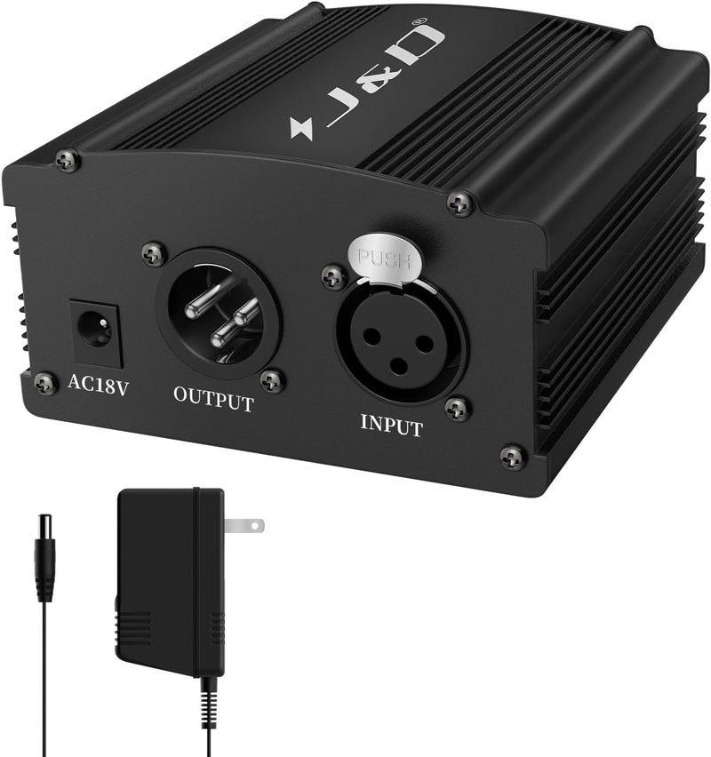 JD 48V Phantom Power Supply, 1-Channel Design with Adapter, Compatible with Any Condenser Microphones, Ideal for Professional Music Recording and Studio Use, Black - Image 1